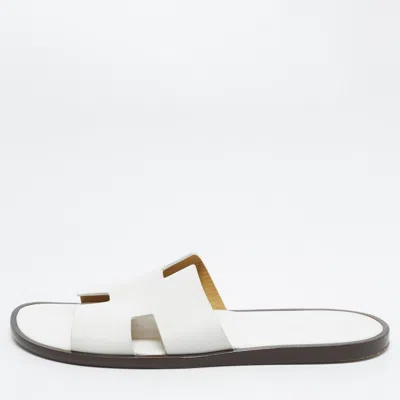 Pre-owned Hermes Izmir Size 44.5 White Leather Flat Slides