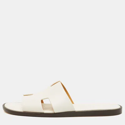 Pre-owned Hermes Hermès Izmir Size 44.5 White Leather Slide Sandals