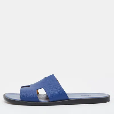 Pre-owned Hermes Izmir Size 45 Blue Leather Flat Slide