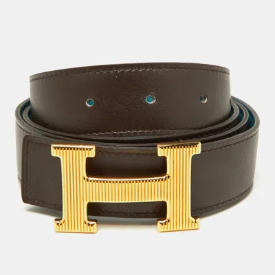 Pre-owned Hermes Izmir/chocolat Togo And Chamonix Leather H Striee Buckle Reversible Belt 100 Cm In Blue