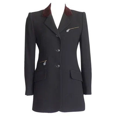 Pre-owned Hermes Jacket Riding Influence Zipper Pockets Velvet Collar Vintage 6 In Black