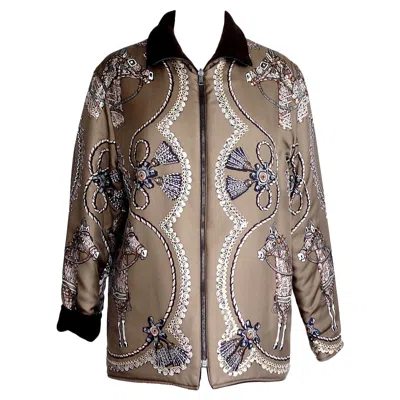 Pre-owned Hermes Jacket Silk Paperoles Reversible Cashmere Scarf Print S Mint In Brown