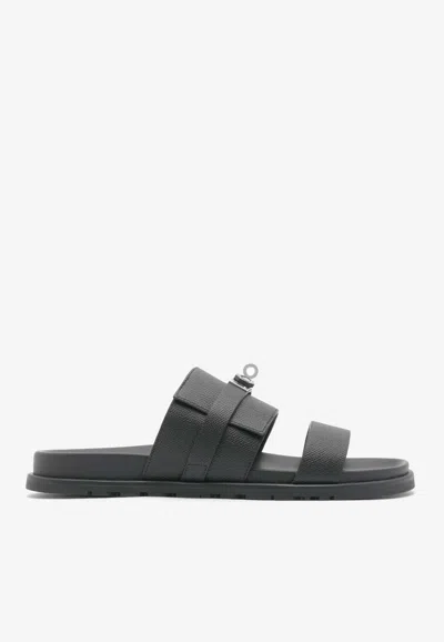 Pre-owned Hermes Jackson Sandals In Black Epsom With Palladium Kelly Buckle