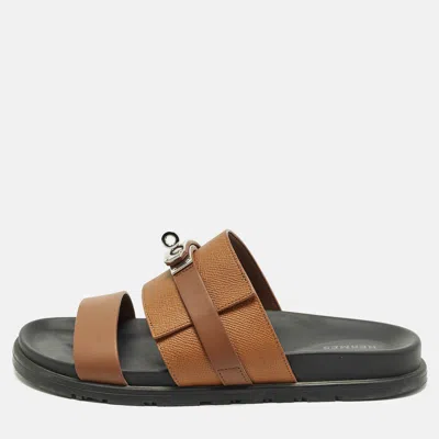 Pre-owned Hermes Hermès Jackson Size 41 Brown Leather Flat Slide