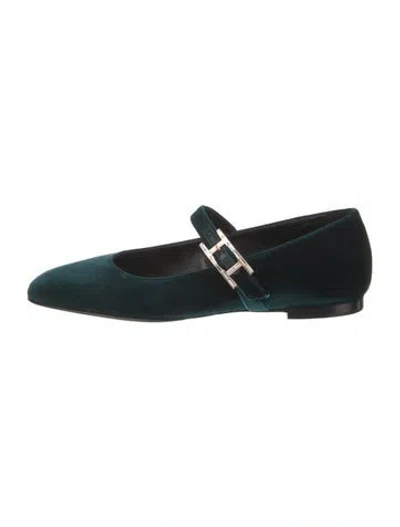 Pre-owned Hermes Jane Velvet Mary Jane Flats In Green
