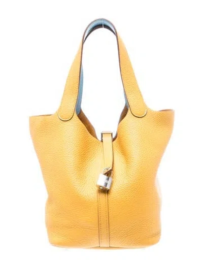 Pre-owned Hermes Jaune Ambre & Céleste Clemence Éclat Picotin Lock 22 In Yellow