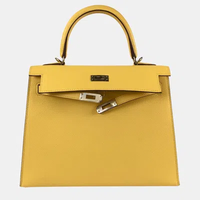 Pre-owned Hermes Jaune De Naples Epsom Kelly 25 Handbag In Yellow