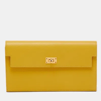 Pre-owned Hermes Jaune De Naples Evercolor Leather Kelly Pocket Long Wallet In Yellow