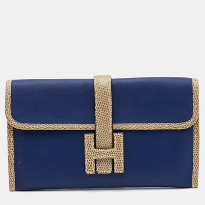 Pre-owned Hermes Jige Duo Bleu Saphir Swift And Lizard Trim Clutch In Blue