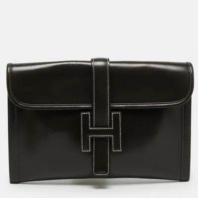 Pre-owned Hermes Jige Elan 29 Chocolat Box Leather Clutch In Brown