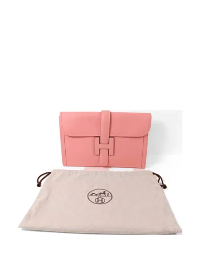 Pre-owned Hermes Jige Elan Leather Clutch Bag In Pink