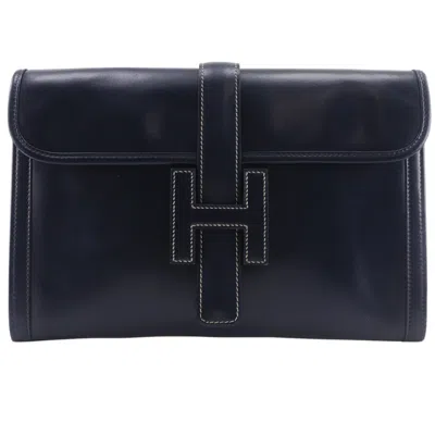 Pre-owned Hermes Jige Navy Box Calf Leather Clutch Bag () In Blue
