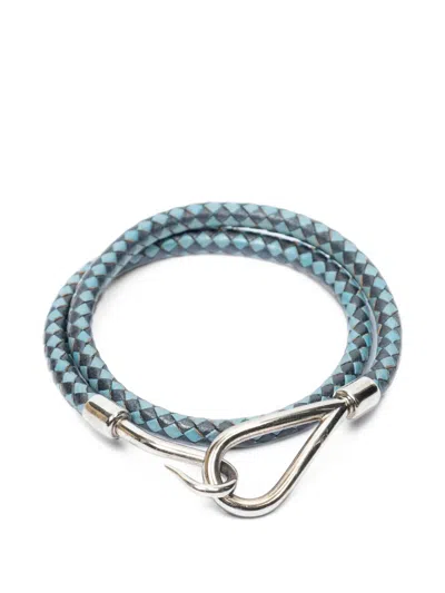 Pre-owned Hermes Jumbo Braided Leather Bracelet In Silver