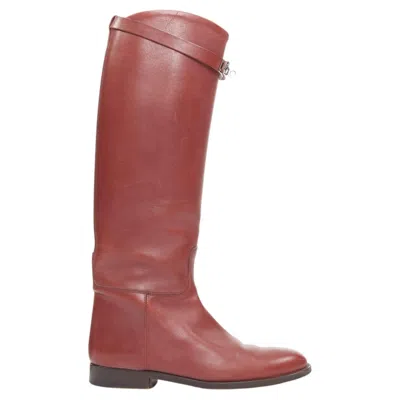 Pre-owned Hermes Jumping Kelly Burgundy Calfskin Silvertone Turnlock Riding Boots Eu37 In Red