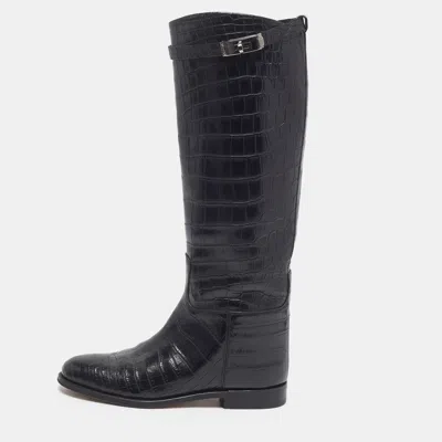 Pre-owned Hermes Jumping Size 38 Black Crocodile Leather Knee Length Boots