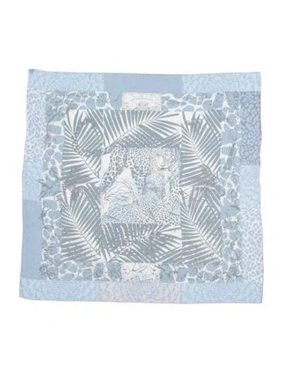 Pre-owned Hermes Jungle Love Mousseline Silk Shawl In Blue