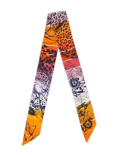 Pre-owned Hermes Jungle Love Rainbow Silk Twilly Scarf In Orange