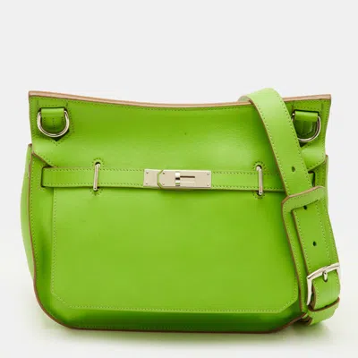 Pre-owned Hermes Jypsiere 28 Granny Swift Leather Palladium Finish Crossbody Bag In Green