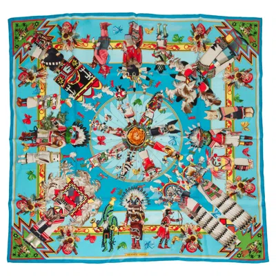 Pre-owned Hermes Hermès Kachinas Turquoise Silk Scarf Mint Condition In Gray
