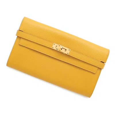 Pre-owned Hermes Kara Jaune Epsom Leather Long Wallet (bi-fold) () In Yellow