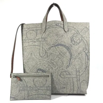 Pre-owned Hermes Karimi Brown Gray Felt Leather Shoulder Bag Tote Bag () In Brown, Gray