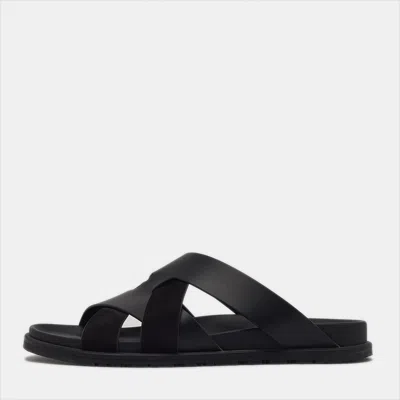 Pre-owned Hermes Kazimir Size 43 Black Leather And Suede Flat Slide