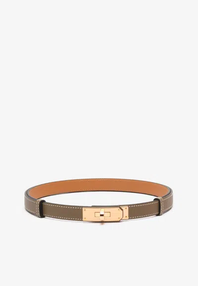 Hermes Kelly 18 Belt In Etoupe Epsom Leather With Rose Gold Buckle In Pink