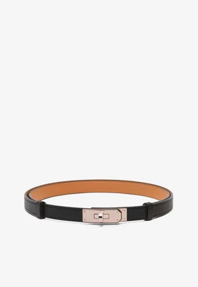 Pre-owned Hermes Kelly 18 Epsom Leather Belt With Rose Gold Buckle In Black