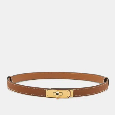 Pre-owned Hermes Kelly 18 Gold Finish Adjustable Belt Gold Epsom Leather In Brown