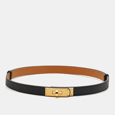 Pre-owned Hermes Hermès Kelly 18 Gold Finish Adjustable Belt Noir Epsom Leather In Black