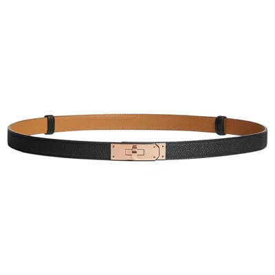 Pre-owned Hermes Kelly 18 Noir Epsom Calfskin Leather With Kelly Buckle Belt Rose Gold In Red