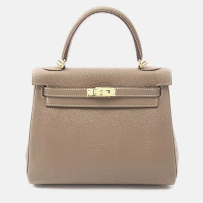 Pre-owned Hermes Kelly 25 Handbag Shoulder Togo Leather Brown Etoupe Grey