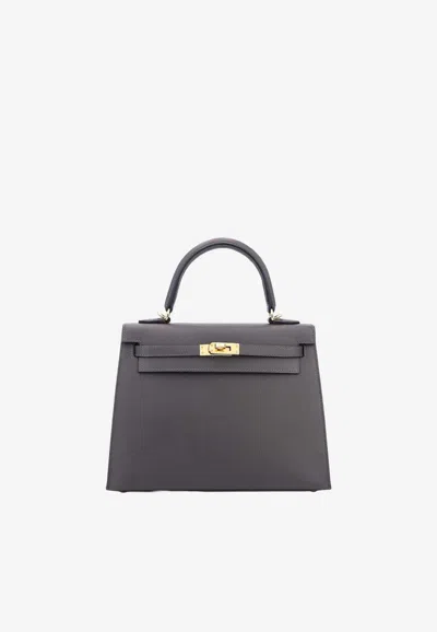 Hermes Kelly 25 In Ardoise Madame Leather With Gold Hardware In Gray