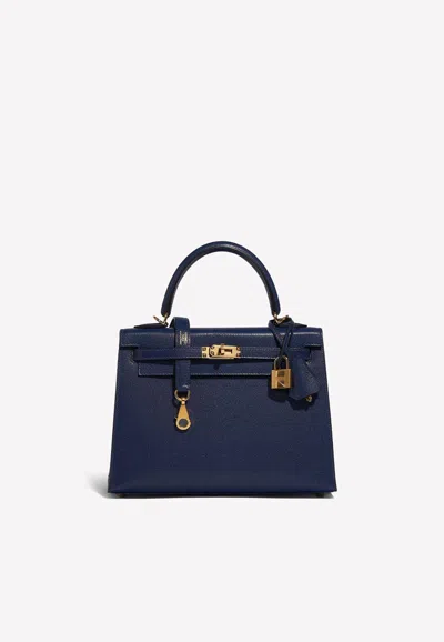 Hermes Kelly 25 In Bleu Saphir Chèvre Chamkila With Gold Hardware In Blue