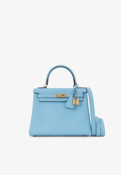 Hermes Kelly 25 In Celeste Swift With Gold Hardware In Blue