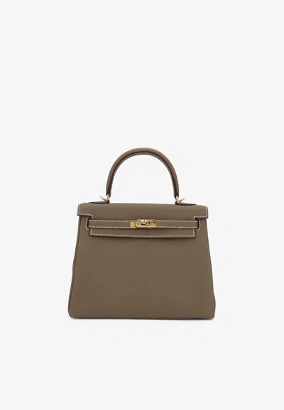 Hermes Kelly 25 In Etoupe Togo Leather With Gold Hardware