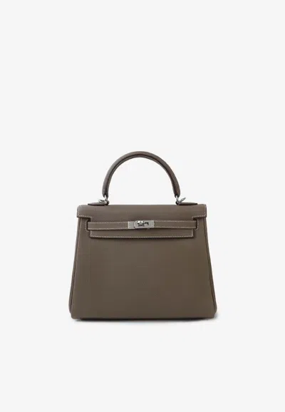 Hermes Kelly 25 In Etoupe Togo Leather With Palladium Hardware In Brown
