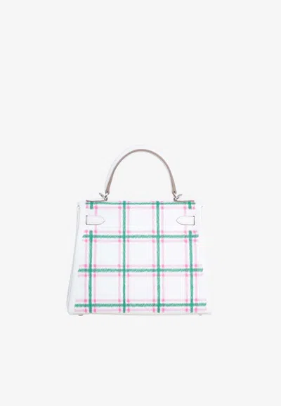 Hermes Kelly 25 In Tartan Gris Pale, Rose Bubblegum, Vert Moyen Swift With Palladium Hardware In Gray