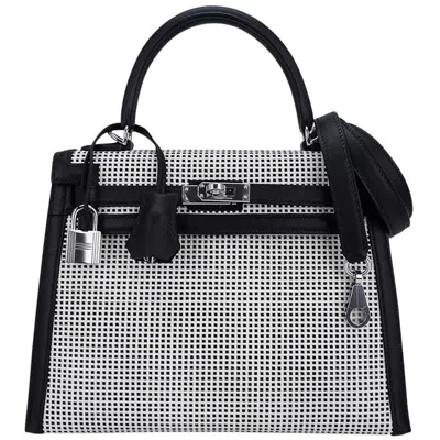 Pre-owned Hermes Kelly 25 Quadrille Viking Toile Black / White Sellier Bag
