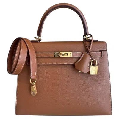 Pre-owned Hermes Kelly 25 Sellier Gold Tan Epsom Leather Gold Hardware Shoulder Bag In Brown