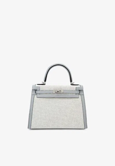 Hermes Kelly 25 Sellier In Bleu Glacier Canvas And Swift Leather With Palladium Hardware In Blue