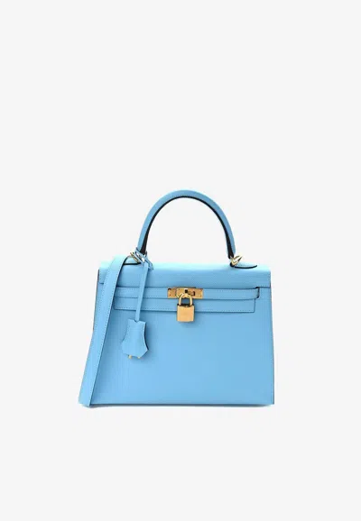 Hermes Kelly 25 Sellier In Celeste Epsom Leather With Gold Hardware In Blue