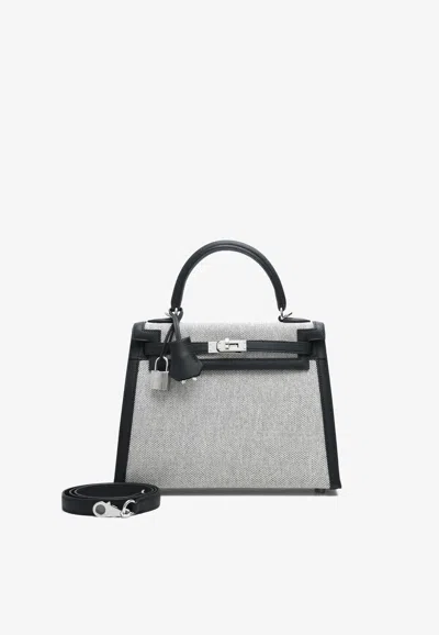 Hermes Kelly 25 Sellier In Ecru Toile So H Canvas And Black Swift Leather With Palladium Hardware In Gray