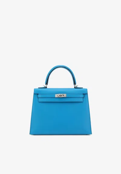 Pre-owned Hermes Kelly 25 Sellier Verso In Bleu Frida And Bleu Roy Madame Leather With Palladium Hardware In Blue