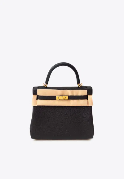 Hermes Kelly 25 Top Handle Bag In Black Togo Leather With Gold Hardware