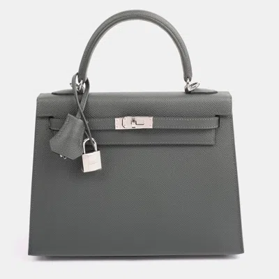 Pre-owned Hermes Kelly 25 Vert Mangrove Epsom Calfskin Leather Sellier Top Handle Bag In Gray