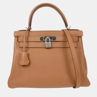 Pre-owned Hermes Kelly 28 Biscuit Swift Leather Retourne Top Handle Bag In Brown