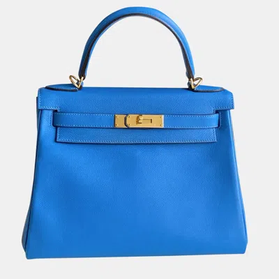 Pre-owned Hermes Kelly 28 Bleu Hydra T7/gold Finish Hardware Evercolor X Stamp In Blue