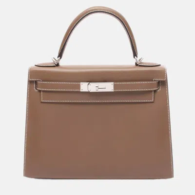 Pre-owned Hermes Kelly 28 Etoupe Grey Tadelakt Leather Handbag In Brown