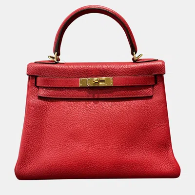 Pre-owned Hermes Kelly 28 Flag Red Q5 Togo Leather Gold Hardware